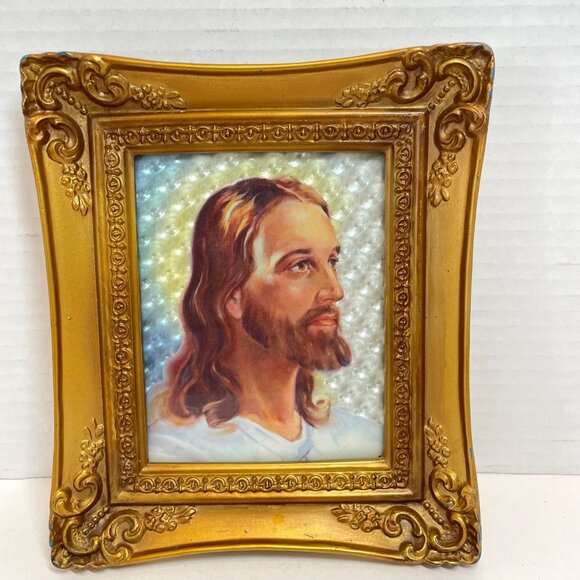 Vintage Jesus Portrait In Ornate Gold Frame With Textured Background 8" X 6" Rel - Picture 10 of 11